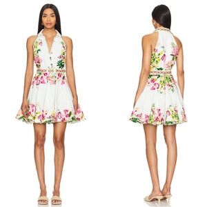 HEMANT & NANDITA Floral Embroidered Halterneck Belted White Mini Dress Size M